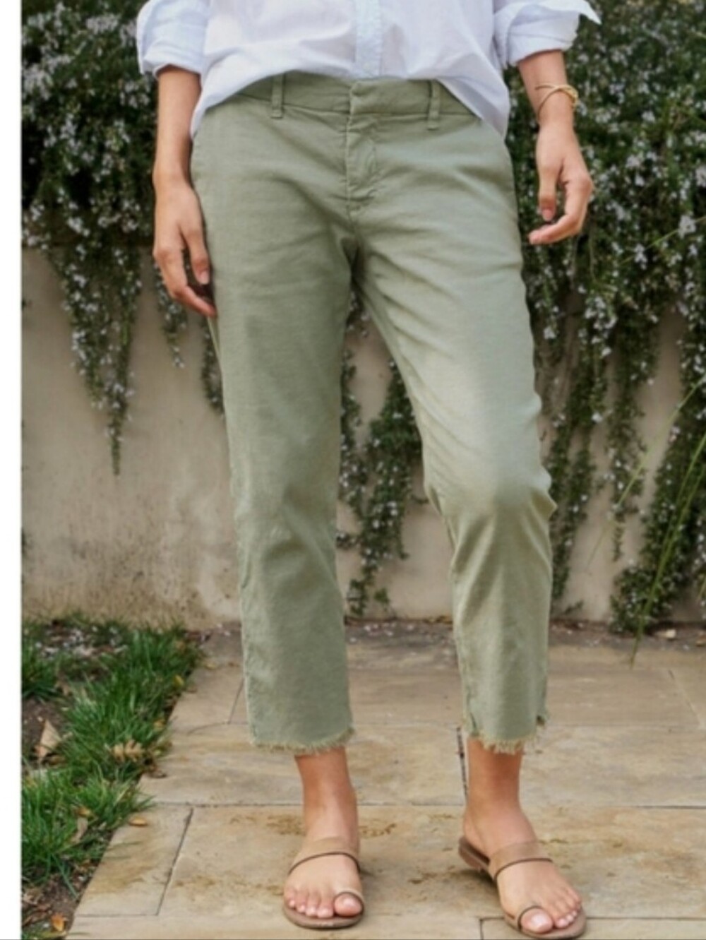 Frank & Eileen Light Sage Cropped Jeans with Frayed Hem